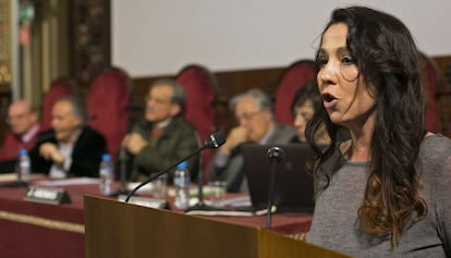 La actriz Txe Arana en el acto de presentación del manifiesto en defensa del catalán.