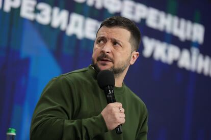 Ukrainian President Volodymyr Zelenskiy answers media questions during his press conference in Kyiv, Ukraine, Sunday Feb. 25, 2024.