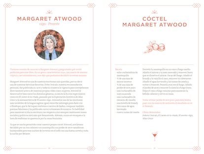 Receta del cóctel 'Margaret Atwood', en el interior de 'Un cóctel propio: combinados para damas letraheridas', de Laura Becherer y Cameo Marlatt (Nórdica Libros). Los retratos de las escritoras son de Savannah Marlatt.