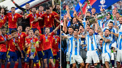 A la izquierda, Morata alza la Eurocopa con los jugadores de la selección española. A la derecha, Messi hace lo propio con la Copa América y sus compañeros argentinos.