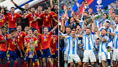 A la izquierda, Morata alza la Eurocopa con los jugadores de la selección española. A la derecha, Messi hace lo propio con la Copa América y sus compañeros argentinos.