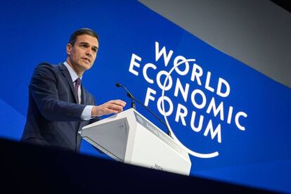 Pedro Sanchez delivers a speech during the World Economic Forum in Davos.