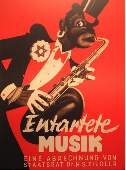 Cubierta del catálogo de la exposición 'Entartete Musik' (Música degenerada), celebrada en Düsseldorf en 1938. Hans Severus Ziegler tituló su texto como 'Un ajuste de cuentas'.