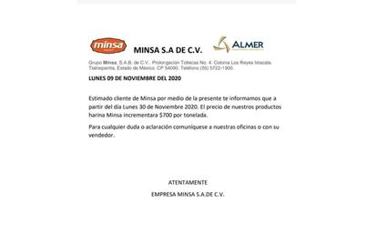 Comunicado de la empresa Minsa sobre el precio de la tortilla.