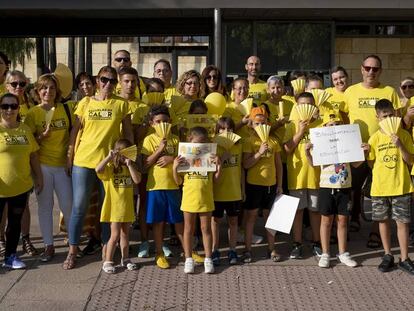Miembros de la plataforma Escuelas de Calor se manifiestan delante de la Junta de Andalucía, en Sevilla.