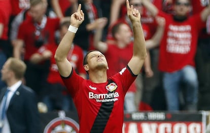 Chicharito festeja su último gol en la temporada con el Leverkusen