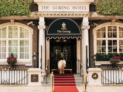 Teddy the pony at the door of The Goring Hotel in London.