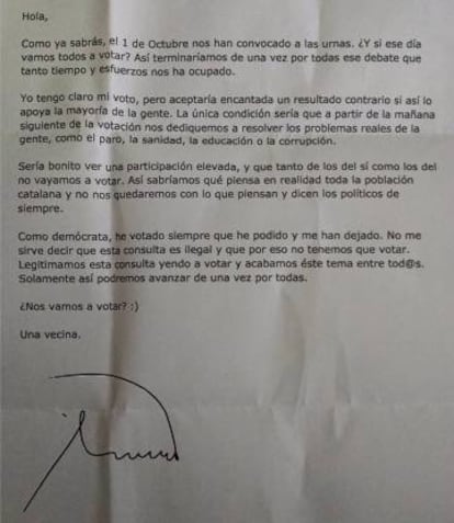 La carta anònima enviada a veïns de Girona.