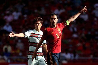 Sergio Busquets, en el amistoso ante Portugal disputado en el Wanda Metropolitano