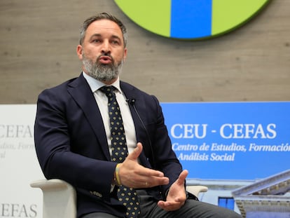 Santiago Abascal imparte una conferencia esta mañana en el Aula Magna de la Universidad CEU San Pablo, en Madrid.