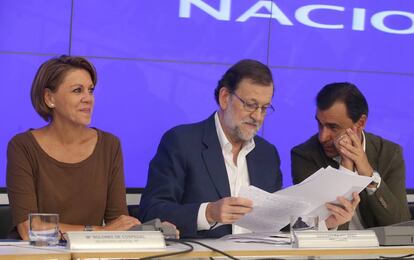 Reunion del Comite Ejecutivo Nacional del PP. Maria Dolores de Cospedal, Mariano Rajoy y Fernando Martinez-Maillo.  