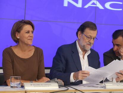 Reunion del Comite Ejecutivo Nacional del PP. Maria Dolores de Cospedal, Mariano Rajoy y Fernando Martinez-Maillo.  