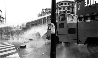 A police water cannon is deployed against students protesting against the Socialist government's education policies in 1987.