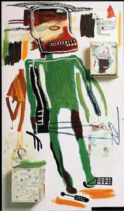 Christie’s subastará en Londres el próximo 15 de octubre la obra de Jean-Michel Basquiat 'Because it hurts the lungs' (1986), inspirada en anotaciones de Leonardo da Vinci. El trabajo, con un precio de salida de entre 7 millones y 10 millones de libras (unos 8,2 y 11,6 millones de euros), representa una figura verde de tamaño natural con un cráneo ciclópeo rojizo sobre un fondo blanco.
Basquiat, fallecido en 1988 a los 27 años, aplicó sobre la madera pintada láminas de sus propios dibujos y texto, entre ellos un extracto críptico de los cuadernos de Leonardo da Vinci que da título a la obra. “Este objeto juega con la historia del arte, reflejando el apetito de Basquiat por explorar los artistas que le precedieron, así como todos los aspectos de su propia historia cultural”, indica en un comunicado Cristian Albu, de Christie’s.
La obra, que protagonizará la subasta nocturna que Christie’s dedicará al arte del siglo XX y XXI, se exhibirá en la sede de Hong Kong antes de iniciar una gira por Nueva York y Londres. 