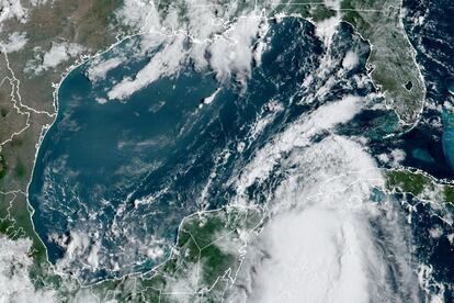 Tropical Storm Idalia makes its way to Cuba and Florida's west coast in a composite image from the National Oceanic and Atmospheric Administration (NOAA) GOES-East weather satellite, on Aug. 28, 2023.