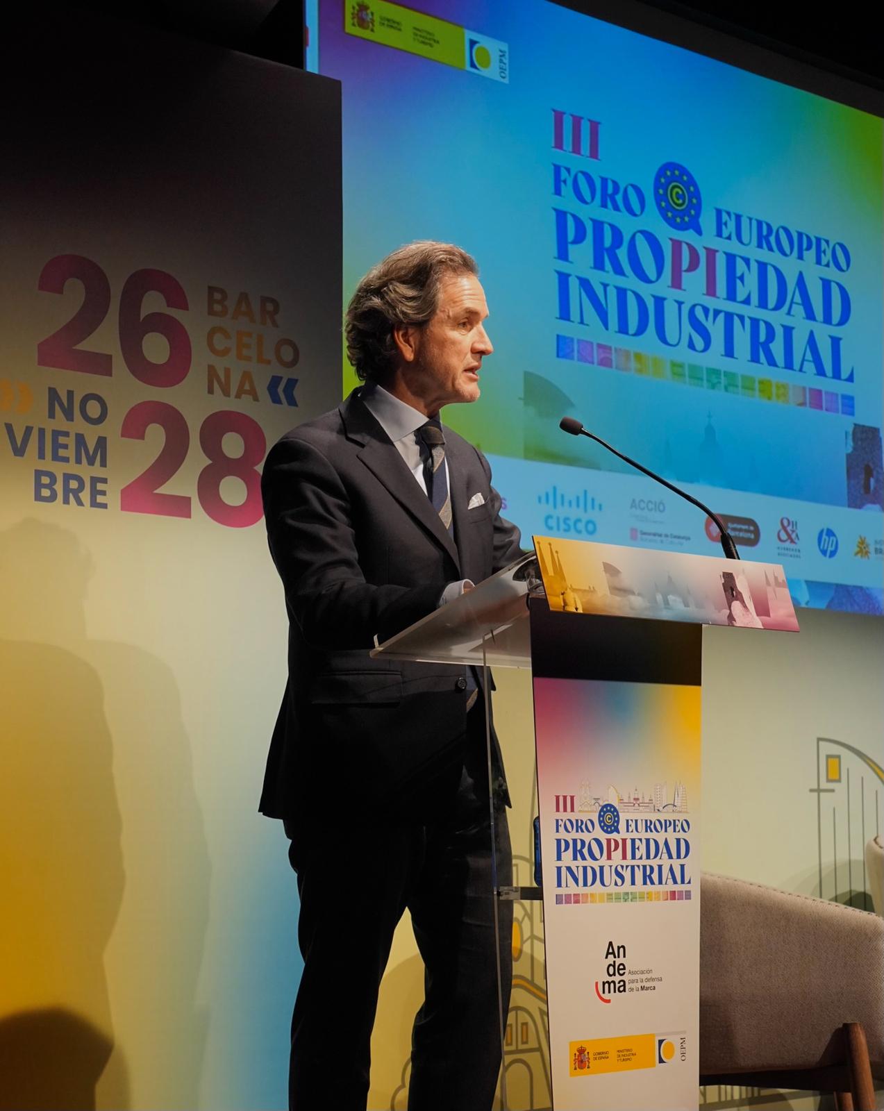 Eduardo Petrossi, presidente de Andema y , CEO de Mahou San Miguel, inaugura el tercer Foro Europeo de Propiedad Industrial que se celebra en Barcelona los días 27 y 28 de noviembre.