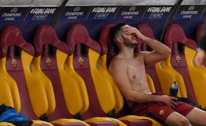 Kostas Manolas tras el partido entre la Roma y el Barça el curso pasado.