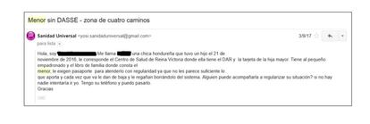 Correo electrónico cuya remitente es una mujer que asegura tener problemas para que su hijo sea atendido en el Servicio Madrileño de Salud.