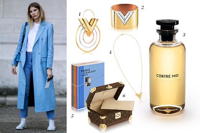 Tendencia cómoda para viajar: 1. Pendiente único Essential V de Louis Vuitton (595 euros) 2. Brazalete Essential V (750 euros) 3. Perfume Contre Moi de la colección Les Parfums (200 euros) 4. Colgante Essential V en dorado (490 euros) 5. Colección Louis Vuitton Fashion Eye (350 euros) 6. Joyero tipo cofre en lona Monogram (2.100 euros). TODO DE LOUIS VUITTON.