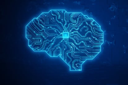 Ilustración de un cerebro de inteligencia artificial con circuito y semiconductor sobre un fondo tecnológico.