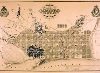 Proyecto de Reforma del Eixample, 1859, de Ildefons Cerdà, donde se aprecia la centralidad de la plaza de les Glòries, donde se encuentran las tres grandes arterias de la ciudad: las avenidas de la Meridiana y la Diagonal, y la Gran Via.