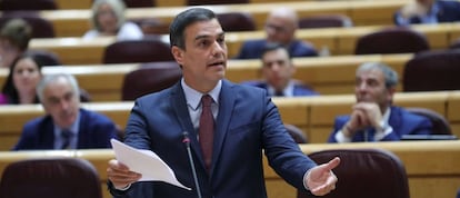 El presidente del Gobierno, Pedro Sánchez, interviene durante la sesión de control celebrada en el Senado. 