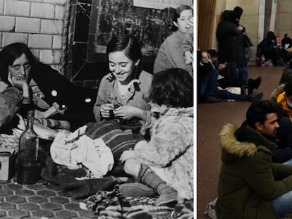 A la derecha, una familia se refugia en el metro de Madrid durante la Guerra Civil. A la izquierda, ucranianos se ponen a salvo en el suburbano de Kiev.