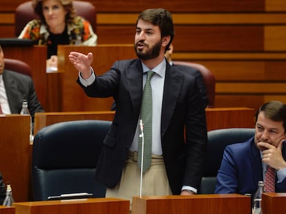 El vicepresidente de la Junta de Castilla y León, Juan García Gallardo (centro), durante una sesión plenaria en el parlamento de Castilla y León en mayo de 2022.