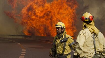 Dos miembros del Infoca en el incendio de Coín (Málaga).