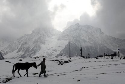 Un hombre y su mula caminan sobre la nieve en una colina de Sonamarg, a unos 85 kilómetros de Srinagar, la capital de verano de Cachemira (India).