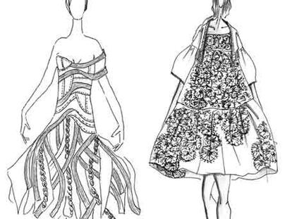 Bocetos de Amaya Arzuaga (a la izquierda) y de Sita Murt, realizados para la Pasarela Cibeles que se inaugura hoy.