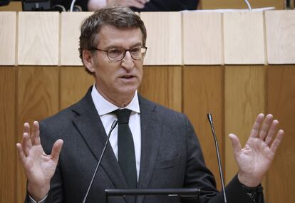 El presidente de la Xunta, Alberto Núñez Feijóo, durante su comparecencia en el Parlamento gallego este miércoles.