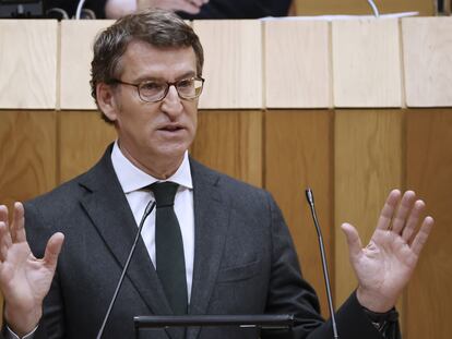 El presidente de la Xunta, Alberto Núñez Feijóo, durante su comparecencia en el Parlamento gallego este miércoles.