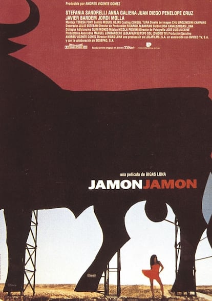 Cartel de la película <i>Jamón, Jamón</i>, de 1992. Los actores se conocieron durante el rodaje de este, el primer filme en que compartieron cartel y mantuvieron un breve romance