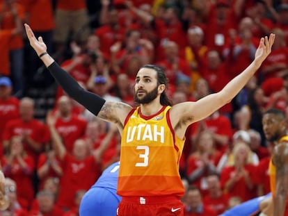 Ricky Rubio celebra una de sus canastas ante los Thunder.