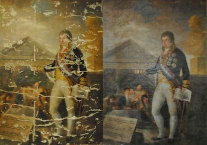 Agust&iacute;n Esteve and Marqu&eacute;s&#039; copy of Goya&#039;s &#039;Godoy. Protector de la instrucci&oacute;n,&#039; in successive phases of restoration.