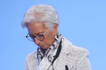 Christine Lagarde, durante la rueda de prensa de este jueves en Fráncfort.