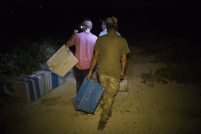 Varios trabajadores llevan las cajas de plástico que se encuentran repartidas por todo el terreno y que utilizan para echar las uvas cortadas.