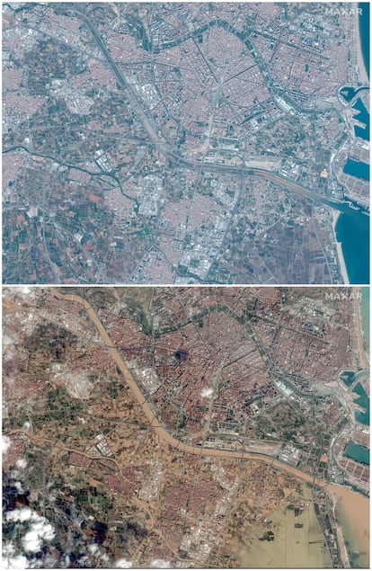 Combo de imgenes de satlite tomadas el 18 de octubre y el 31 de octubre en Valencia.