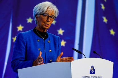 La presidenta del BCE, Christine Lagarde, durante la rueda de prensa posterior a la reunión de enero, en Fráncfort.