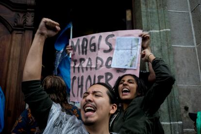 Demonstrators protest in front of the Constitutional Court in Guatemala City; July 3, 2023.