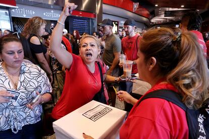 Culinary Union members, including Veronica Flores Serrano, who works at The Linq, cast their ballots during a strike vote, Tuesday, Sept. 26, 2023