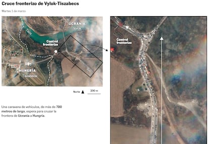 Imagen satélite de los atascos en los puestos fronterizos de Ucrania a Hungría