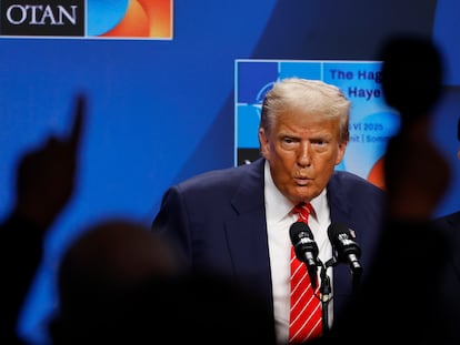 THE HAGUE, NETHERLANDS - JUNE 25: US President Donald Trump takes questions during a news conference following the 2025 NATO Summit on June 25, 2025 in The Hague, Netherlands. Among other matters, members are to approve a new defense investment plan that raises the target for defense spending to 5% of GDP. (Photo by Omar Havana/Getty Images)