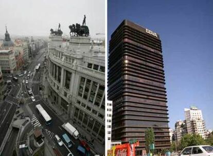 Dos de los edificios vendidos en Madrid por el BBVA; el situado en la calle de Alcalá y, al lado, el del paseo de la Castellana.