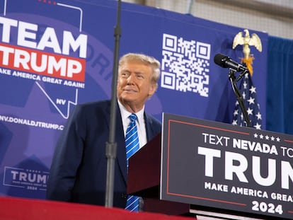 Republican presidential candidate and former U.S. President Donald Trump speaks at a campaign rally ahead of the Republican caucus in Las Vegas, Nevada, January 27, 2024.