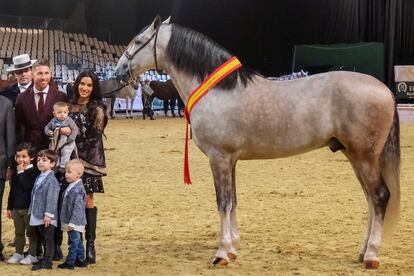 Sergio Ramos, Pilar Rubio y sus hijos Serbio, Marco y Alejandro en el SICAB 2018 en Sevilla donde su caballo 'Yucatán' fue premiado como el mejor del mundo. 