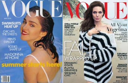 Madonna, en la portada de 'Vogue' de 1989, y, a la derecha, Angelina Jolie en la cubierta de la revista de noviembre.