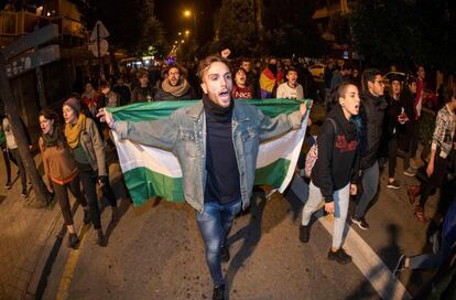Un manifestante porta la bandera de Andalucía durante la protesta llevada a cabo esta tarde en Granada.
