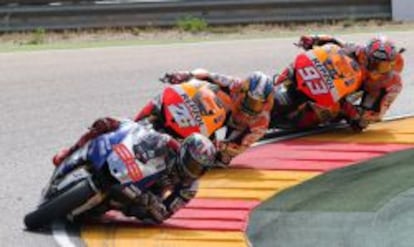 Los pilotos Jorge Lorenzo, Dani Pedrosa y Marc Márquez en el Gran Premio de Aragón